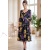 Rochie midi Raluca din voal negru cu imprimeu floral mov, căptușeală și volane