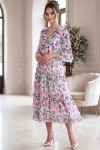 Rochie midi Raluca din tripluvoal alb cu imprimeu floral roz, fir lamé, căptușeală și volane