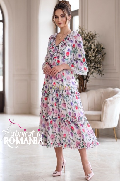 Rochie midi Raluca din tripluvoal alb cu imprimeu floral roz, fir lamé, căptușeală și volane