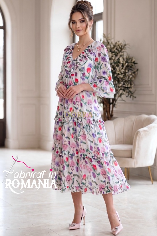 Rochie midi Raluca din tripluvoal alb cu imprimeu floral roz, fir lamé, căptușeală și volane