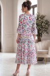 Rochie midi Raluca din tripluvoal alb cu imprimeu floral roz, fir lamé, căptușeală și volane