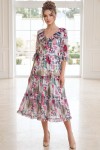 Rochie midi Raluca din tripluvoal alb cu flori roz, fir lamé, căptușeală și volane