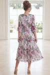 Rochie midi Raluca din tripluvoal alb cu flori roz, fir lamé, căptușeală și volane
