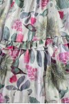 Rochie midi Raluca din tripluvoal alb cu flori roz, fir lamé, căptușeală și volane