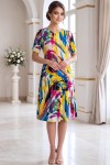 Rochie de zi Robertina din lycra cu imprimeu abstract multicolor si maneca scurta