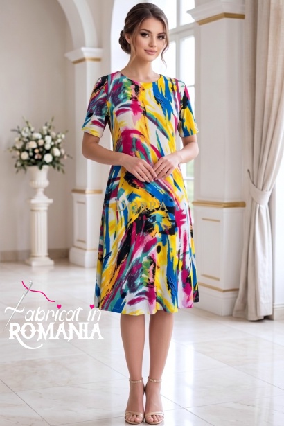 Rochie de zi Robertina din lycra cu imprimeu abstract multicolor si maneca scurta