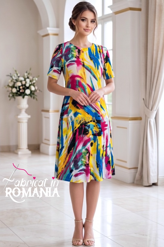 Rochie de zi Robertina din lycra cu imprimeu abstract multicolor si maneca scurta