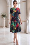 Rochie de zi Robertina din lycra cu imprimeu abstract negru imprimat si maneca scurta