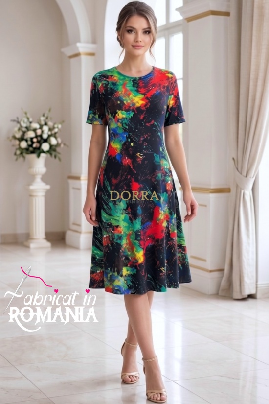 Rochie de zi Robertina din lycra cu imprimeu abstract negru imprimat si maneca scurta