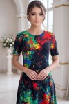 Rochie de zi Robertina din lycra cu imprimeu abstract negru imprimat si maneca scurta