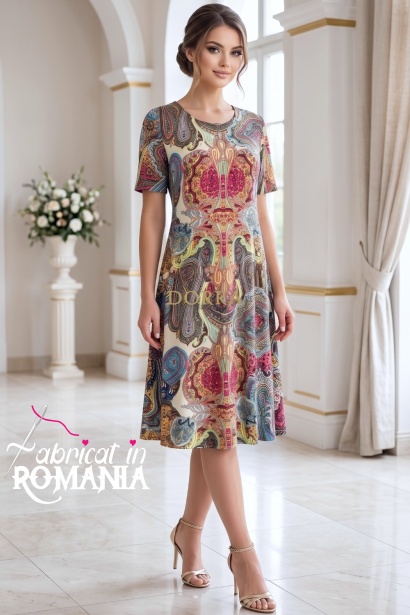 Rochie de zi Robertina din lycra cu imprimeu Paisley si maneca scurta