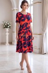 Rochie de zi Robertina din lycra cu imprimeu abstract rosu si maneca scurta