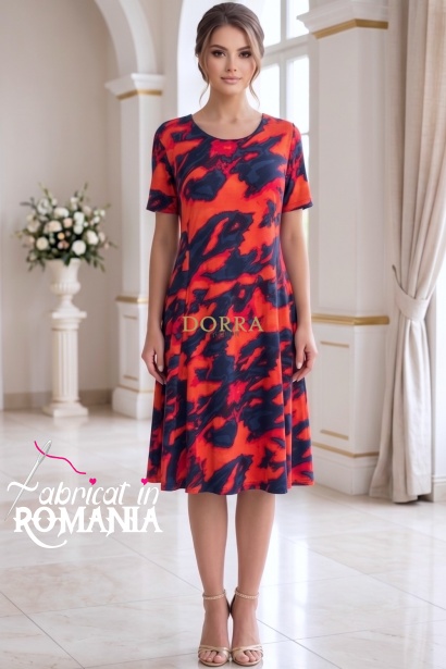 Rochie de zi Robertina din lycra cu imprimeu abstract rosu si maneca scurta