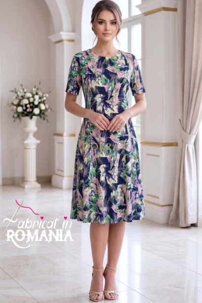 Rochie de zi Robertina din lycra cu imprimeu abstract verde/roz si maneca scurta