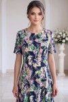 Rochie de zi Robertina din lycra cu imprimeu abstract verde/roz si maneca scurta