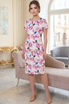 Rochie de zi Sara cu imprimeu ciclame / lime, ușor cambrată, cu mânecă scurtă