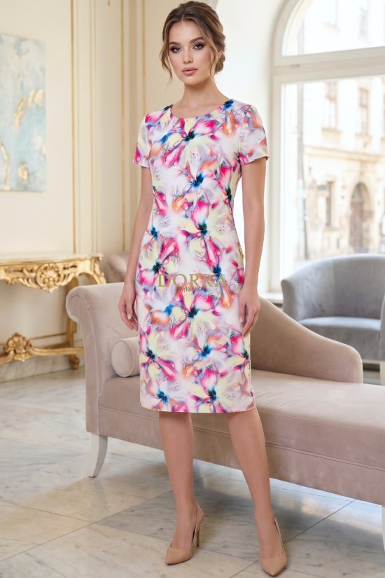 Rochie de zi Sara cu imprimeu ciclame / lime, ușor cambrată, cu mânecă scurtă