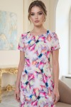 Rochie de zi Sara cu imprimeu ciclame / lime, ușor cambrată, cu mânecă scurtă
