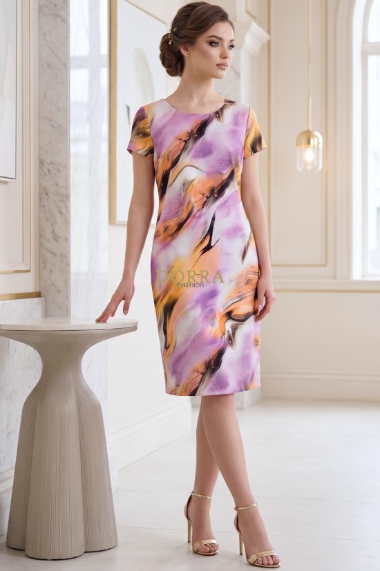 Rochie de zi Sara lila cu accente portocalii, ușor cambrată, cu mânecă scurtă