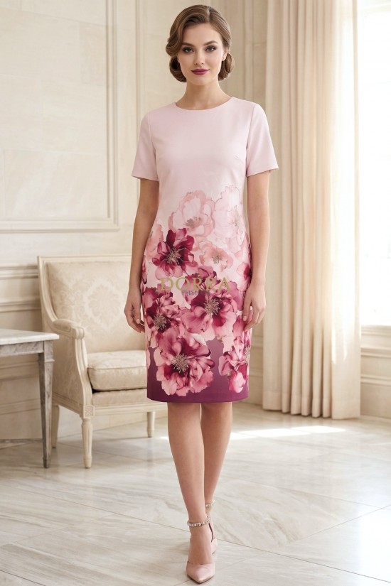 Rochie de zi Sara roz, usor cambrata, cu imprimeu floral