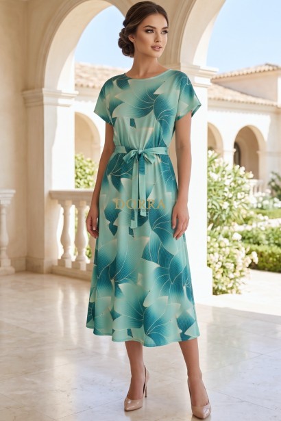 Rochie de zi Sharon din lycra cu imprimeu verde abstract, mâneci scurte și cordon