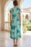 Rochie de zi Sharon din lycra cu imprimeu verde abstract, mâneci scurte și cordon