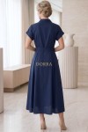 Rochie midi Sophia din bumbac bleumarin, închidere cu nasturi și broderie pe piept