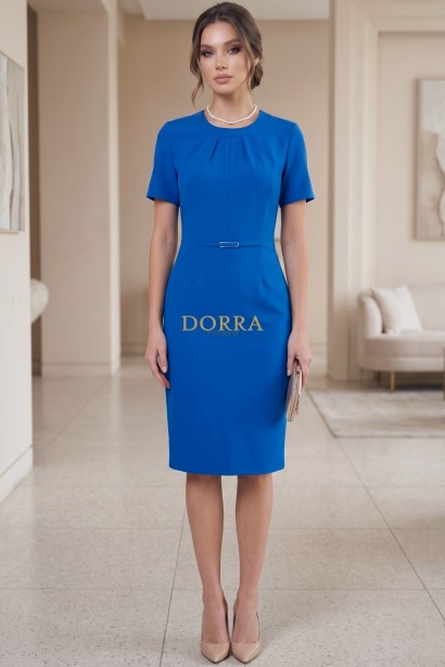 Rochie office Star din stofă albastră, cu mânecă scurtă și accesoriu în talie