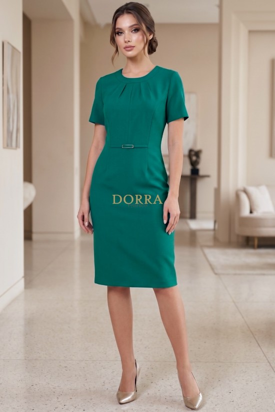 Rochie office Star din stofă verde, cu mânecă scurtă și accesoriu în talie