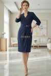 Rochie office Valencia din stofă bleumarin, cu pliseuri și centură