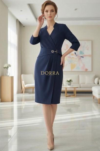 Rochie office Valencia din stofă bleumarin, cu pliseuri și centură