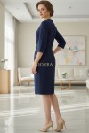 Rochie office Valencia din stofă bleumarin, cu pliseuri și centură
