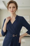 Rochie office Valencia din stofă bleumarin, cu pliseuri și centură