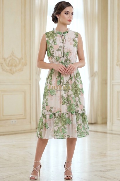 Rochie Violeta din tripluvoal verde imprimat, cu elastic in talie si volan