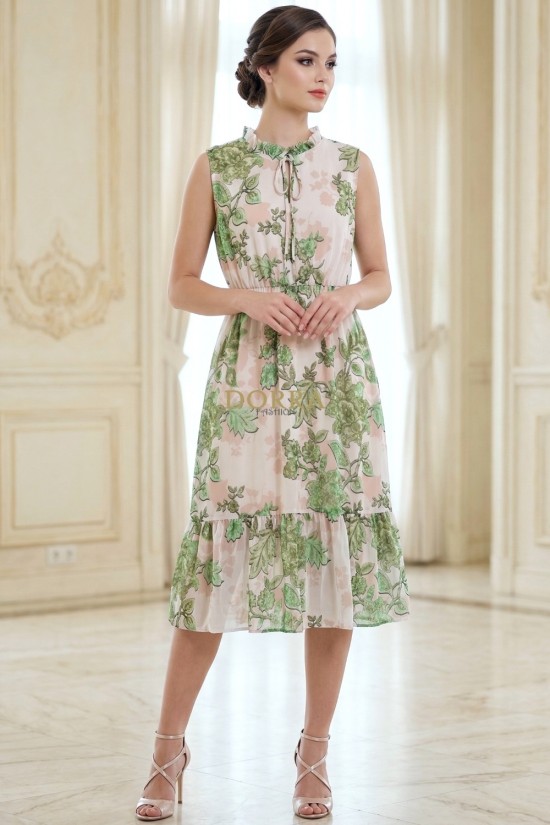 Rochie Violeta din tripluvoal verde imprimat, cu elastic in talie si volan