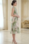 Rochie Violeta din tripluvoal verde imprimat, cu elastic in talie si volan
