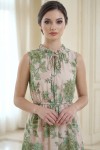 Rochie Violeta din tripluvoal verde imprimat, cu elastic in talie si volan