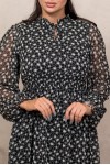 Rochie Jade neagra din voal imprimat, cu maneca lunga si elastic in talie