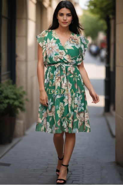 Rochie Anabelle din voal verde cu imprimeu floral, pieptii petrecuti si elastic in talie