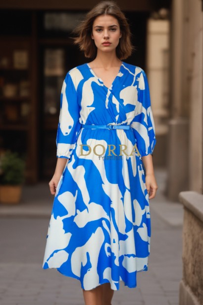 Rochie Andaluz din vascoza cu imprimeu albastru, elastic in talie si curea