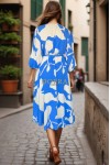 Rochie Andaluz din vascoza cu imprimeu albastru, elastic in talie si curea