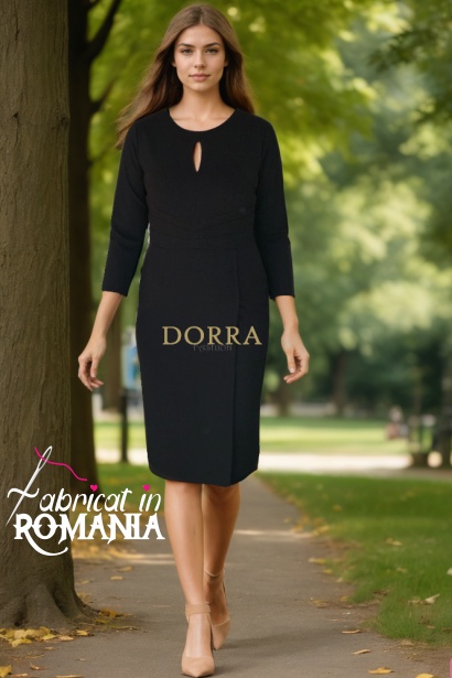 Rochie office Carisma neagra cu fronseuri si decupaj la decolteu