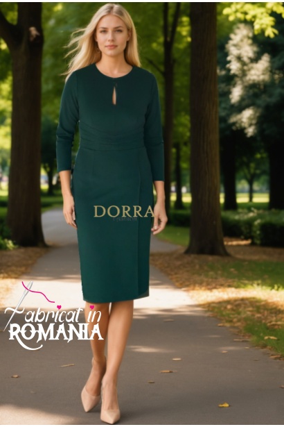 Rochie office Carisma verde cu fronseuri si decupaj la decolteu