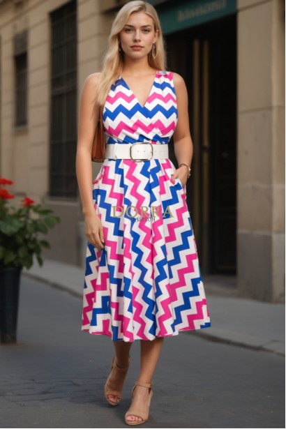 Rochie Crista din bumbac cu imprimeu zig zag, buzunare si curea
