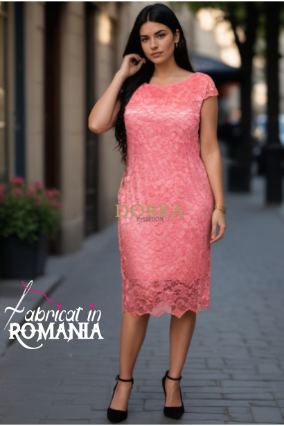 Rochie de ocazie Ina din dantela corai cu croiala dreapta si dublura la culoare