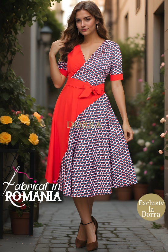 Rochie de zi Isabel cu croiala clos, model in diagonala si cordon