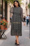 Rochie Jade neagra din voal imprimat, cu maneca lunga si elastic in talie