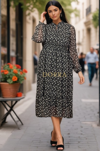 Rochie Jade neagra din voal imprimat, cu maneca lunga si elastic in talie