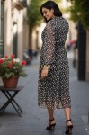 Rochie Jade neagra din voal imprimat, cu maneca lunga si elastic in talie