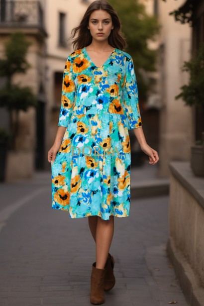 Rochie Lorelai din vascoza turquoise, cu maneca 3/4 si croiala larga